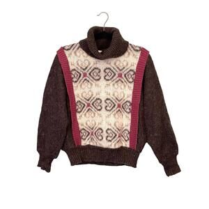 Vintage Alafoss Turtle Neck Bib Sweater Medium Brown Ice Wool Iceland Cozy Comfy